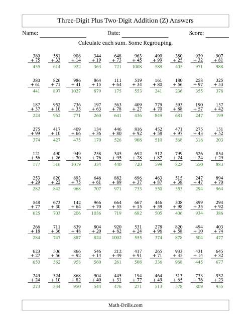 The Three-Digit Plus Two-Digit Addition With Some Regrouping – 100 Questions (Z) Math Worksheet Page 2