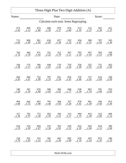 The Three-Digit Plus Two-Digit Addition With Some Regrouping – 100 Questions (All) Math Worksheet