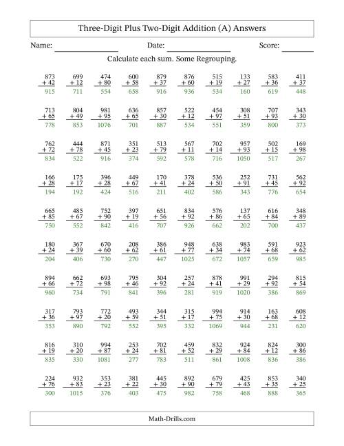 The Three-Digit Plus Two-Digit Addition With Some Regrouping – 100 Questions (All) Math Worksheet Page 2