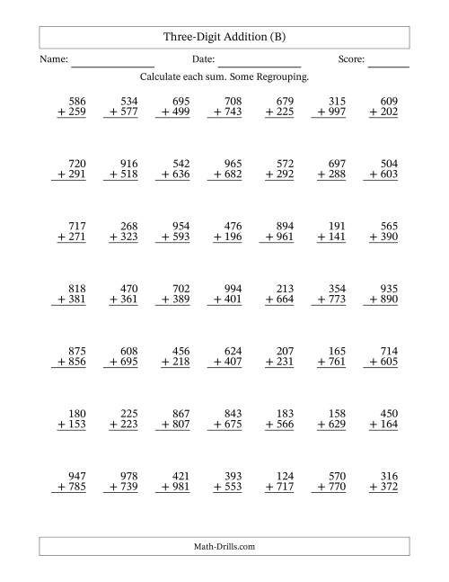 The Three-Digit Addition With Some Regrouping – 49 Questions (B) Math Worksheet