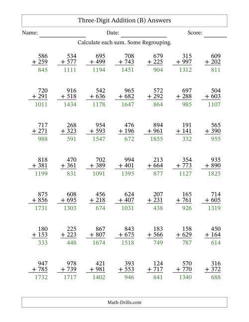 The Three-Digit Addition With Some Regrouping – 49 Questions (B) Math Worksheet Page 2