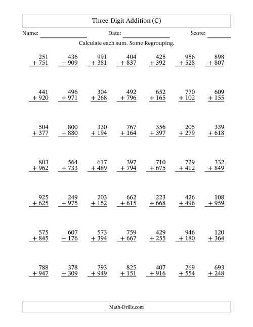 The Three-Digit Addition With Some Regrouping – 49 Questions (C) Math Worksheet