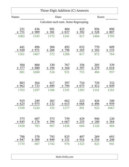 The Three-Digit Addition With Some Regrouping – 49 Questions (C) Math Worksheet Page 2
