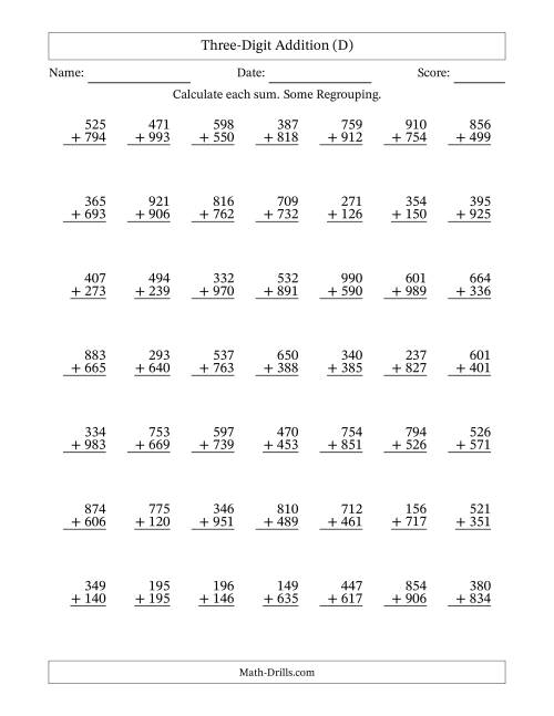 The Three-Digit Addition With Some Regrouping – 49 Questions (D) Math Worksheet