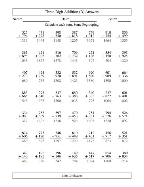The Three-Digit Addition With Some Regrouping – 49 Questions (D) Math Worksheet Page 2