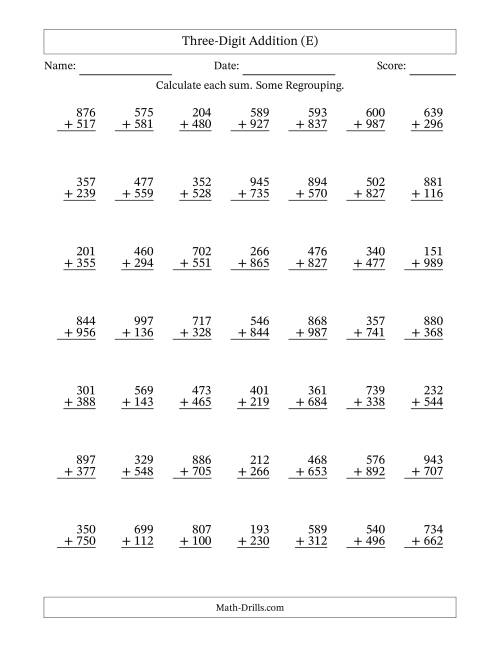 The Three-Digit Addition With Some Regrouping – 49 Questions (E) Math Worksheet