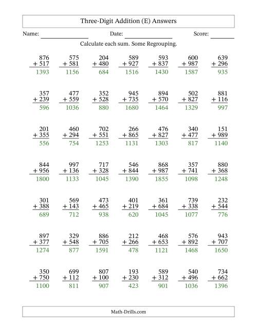 The Three-Digit Addition With Some Regrouping – 49 Questions (E) Math Worksheet Page 2