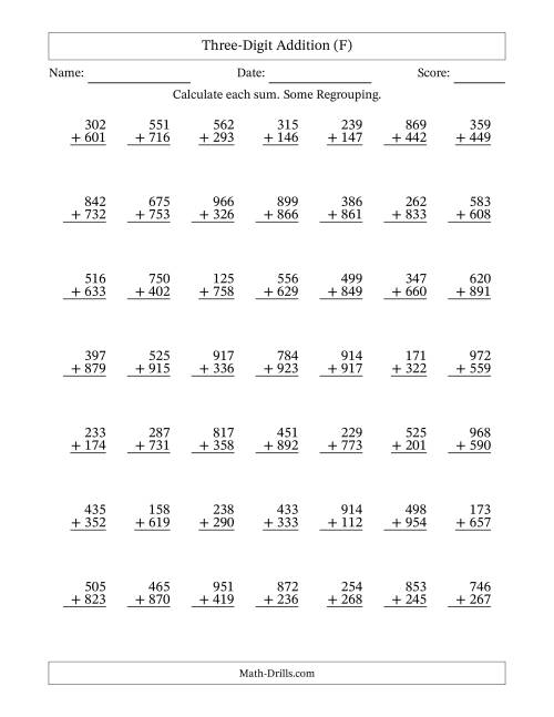 The Three-Digit Addition With Some Regrouping – 49 Questions (F) Math Worksheet