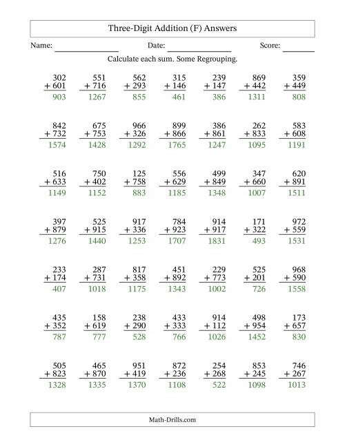 The Three-Digit Addition With Some Regrouping – 49 Questions (F) Math Worksheet Page 2