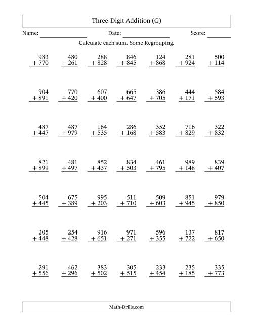 The Three-Digit Addition With Some Regrouping – 49 Questions (G) Math Worksheet