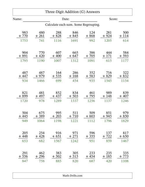 The Three-Digit Addition With Some Regrouping – 49 Questions (G) Math Worksheet Page 2
