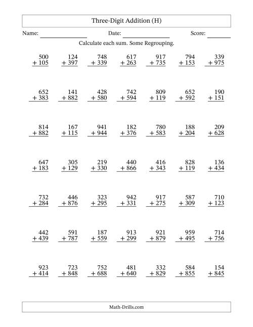 The Three-Digit Addition With Some Regrouping – 49 Questions (H) Math Worksheet