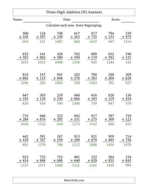 The Three-Digit Addition With Some Regrouping – 49 Questions (H) Math Worksheet Page 2