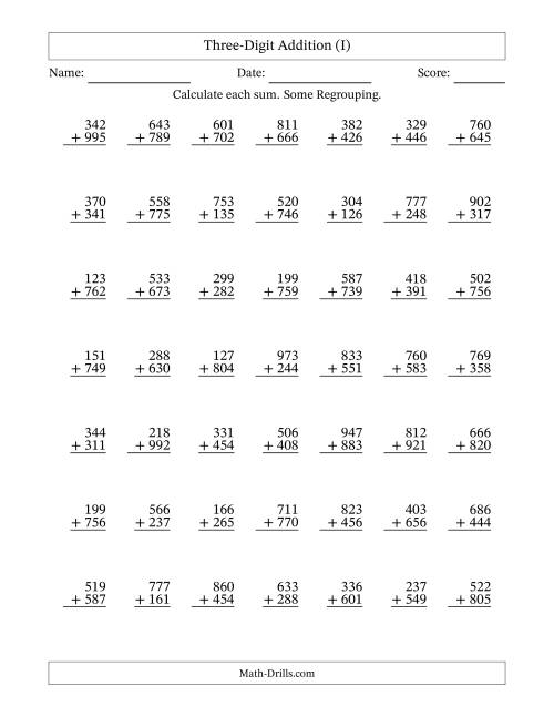 The Three-Digit Addition With Some Regrouping – 49 Questions (I) Math Worksheet