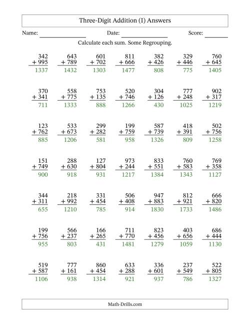 The Three-Digit Addition With Some Regrouping – 49 Questions (I) Math Worksheet Page 2