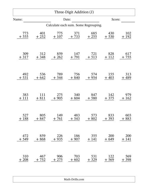 The Three-Digit Addition With Some Regrouping – 49 Questions (J) Math Worksheet