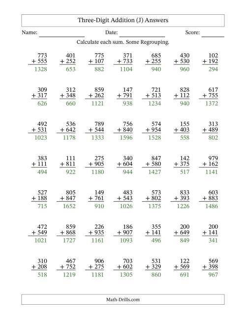 The Three-Digit Addition With Some Regrouping – 49 Questions (J) Math Worksheet Page 2