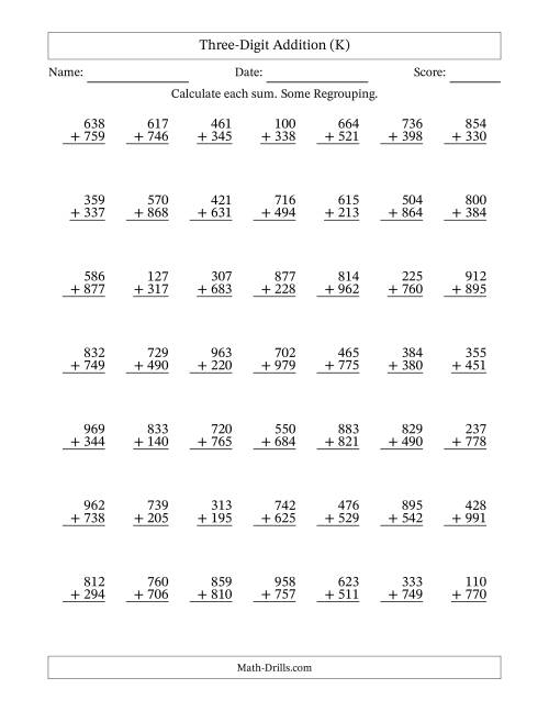 The Three-Digit Addition With Some Regrouping – 49 Questions (K) Math Worksheet