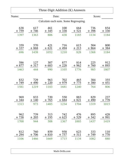 The Three-Digit Addition With Some Regrouping – 49 Questions (K) Math Worksheet Page 2