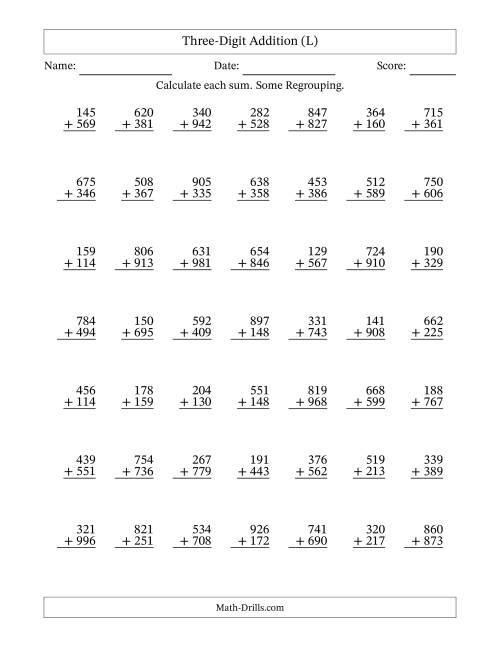 The Three-Digit Addition With Some Regrouping – 49 Questions (L) Math Worksheet