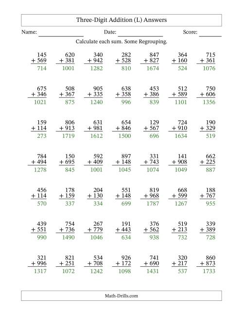 The Three-Digit Addition With Some Regrouping – 49 Questions (L) Math Worksheet Page 2