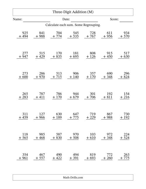 The Three-Digit Addition With Some Regrouping – 49 Questions (M) Math Worksheet