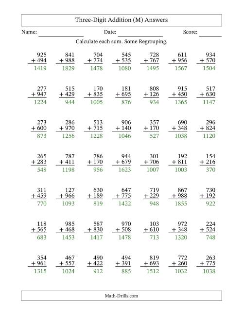 The Three-Digit Addition With Some Regrouping – 49 Questions (M) Math Worksheet Page 2