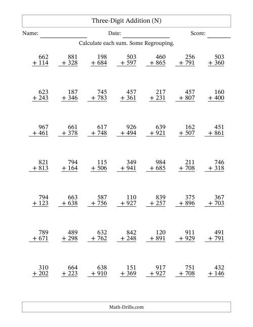 The Three-Digit Addition With Some Regrouping – 49 Questions (N) Math Worksheet