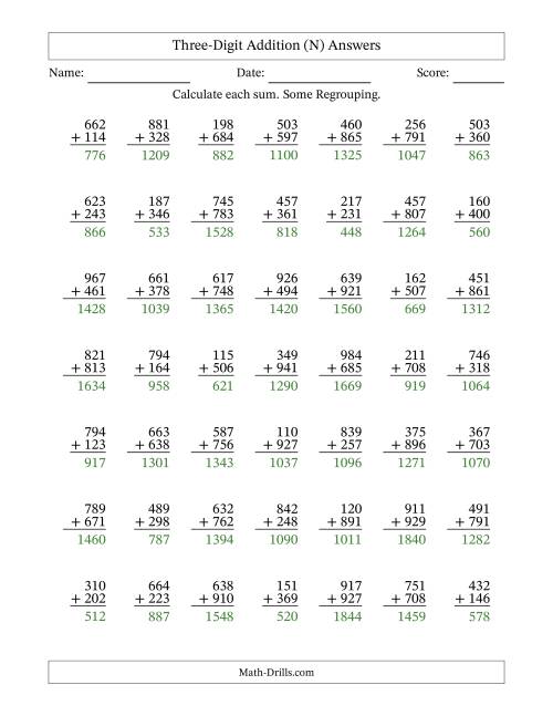 The Three-Digit Addition With Some Regrouping – 49 Questions (N) Math Worksheet Page 2