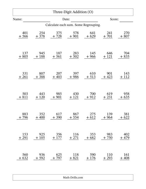 The Three-Digit Addition With Some Regrouping – 49 Questions (O) Math Worksheet