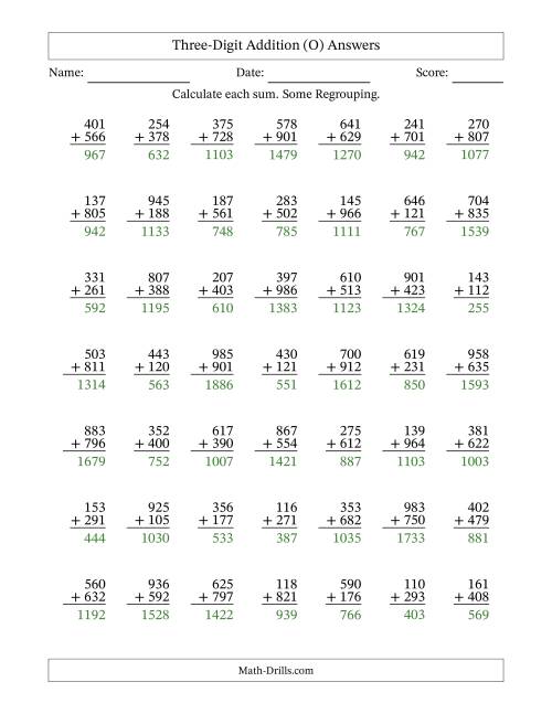 The Three-Digit Addition With Some Regrouping – 49 Questions (O) Math Worksheet Page 2