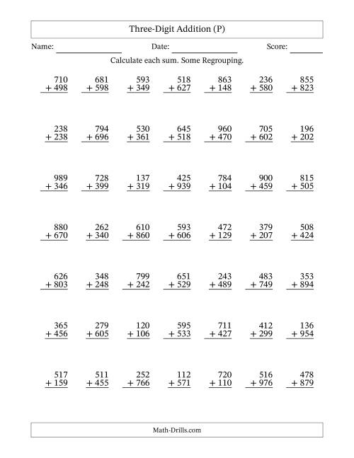 The Three-Digit Addition With Some Regrouping – 49 Questions (P) Math Worksheet
