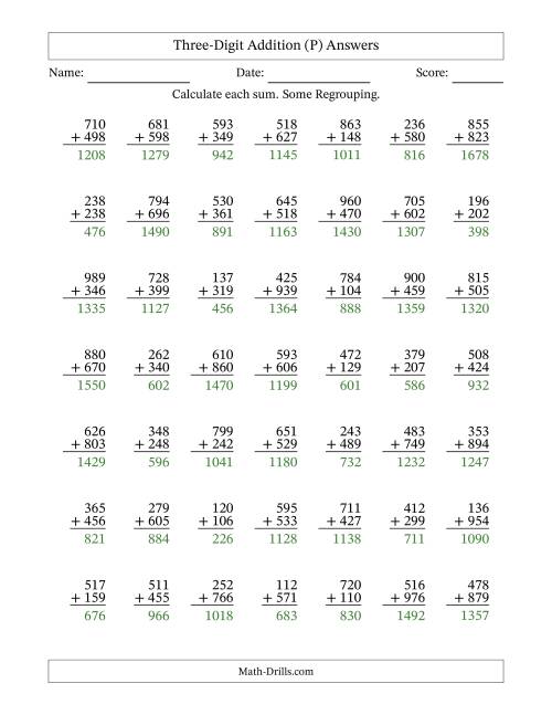 The Three-Digit Addition With Some Regrouping – 49 Questions (P) Math Worksheet Page 2