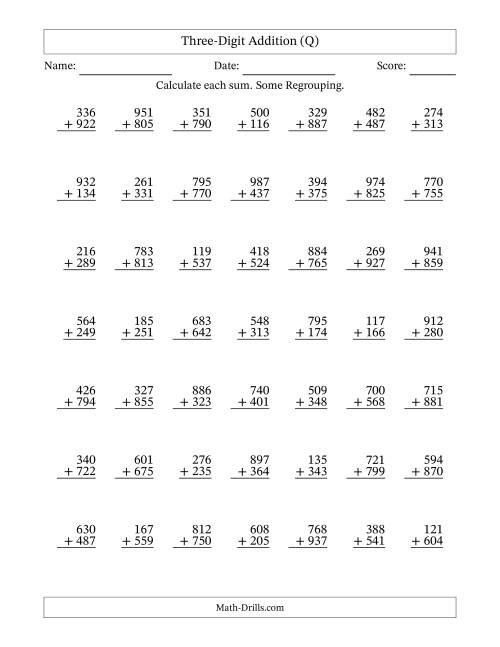 The Three-Digit Addition With Some Regrouping – 49 Questions (Q) Math Worksheet
