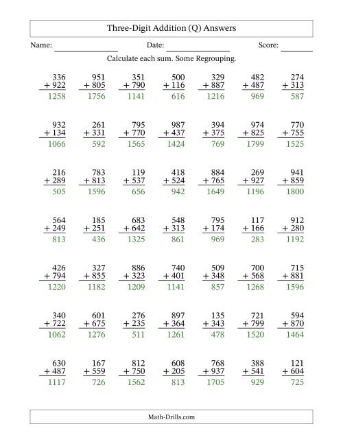 The Three-Digit Addition With Some Regrouping – 49 Questions (Q) Math Worksheet Page 2