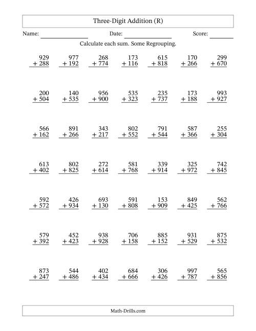 The Three-Digit Addition With Some Regrouping – 49 Questions (R) Math Worksheet