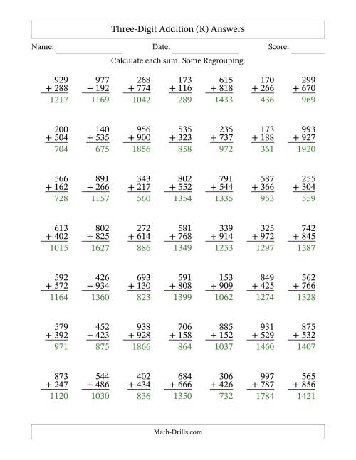 The Three-Digit Addition With Some Regrouping – 49 Questions (R) Math Worksheet Page 2