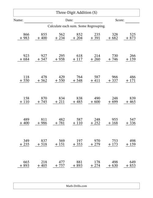 The Three-Digit Addition With Some Regrouping – 49 Questions (S) Math Worksheet