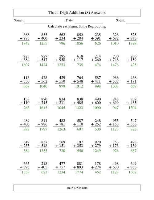 The Three-Digit Addition With Some Regrouping – 49 Questions (S) Math Worksheet Page 2