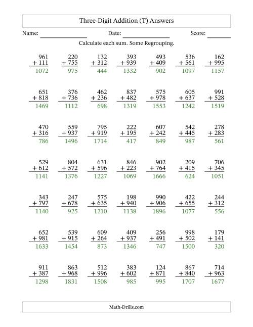 The Three-Digit Addition With Some Regrouping – 49 Questions (T) Math Worksheet Page 2