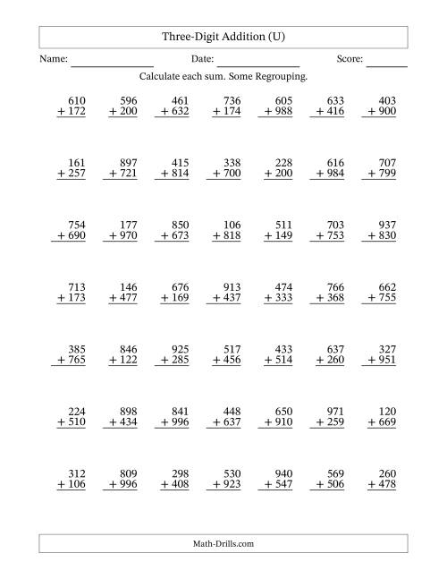The Three-Digit Addition With Some Regrouping – 49 Questions (U) Math Worksheet