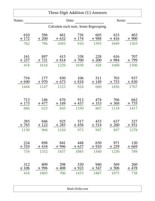 The Three-Digit Addition With Some Regrouping – 49 Questions (U) Math Worksheet Page 2