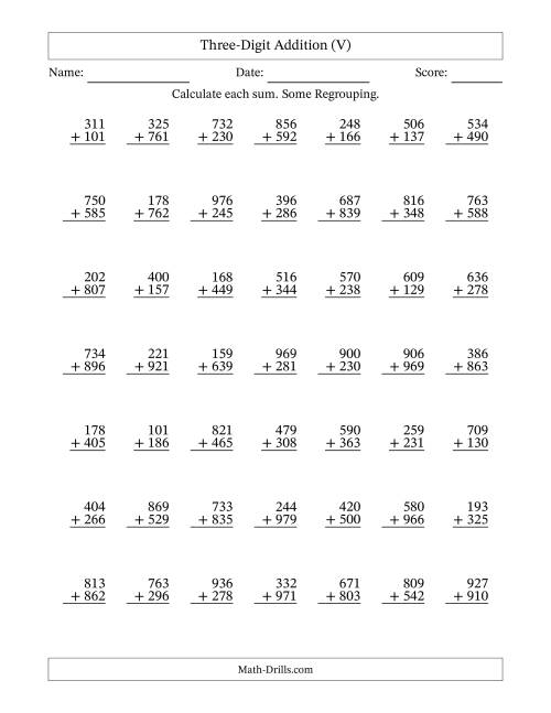 The Three-Digit Addition With Some Regrouping – 49 Questions (V) Math Worksheet