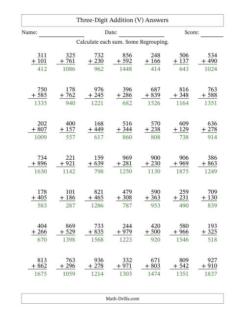 The Three-Digit Addition With Some Regrouping – 49 Questions (V) Math Worksheet Page 2