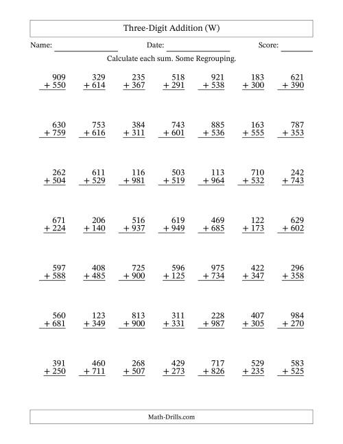 The Three-Digit Addition With Some Regrouping – 49 Questions (W) Math Worksheet