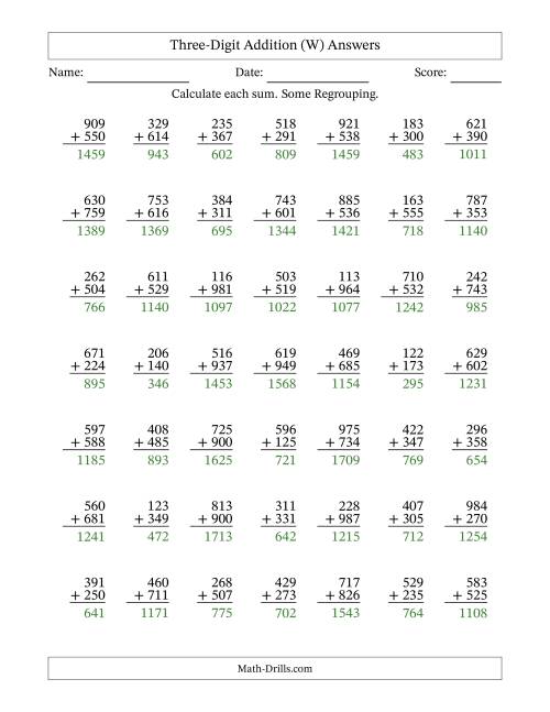 The Three-Digit Addition With Some Regrouping – 49 Questions (W) Math Worksheet Page 2