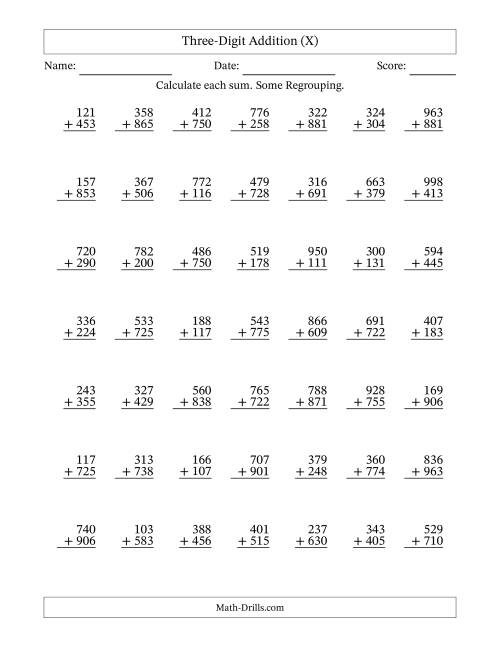 The Three-Digit Addition With Some Regrouping – 49 Questions (X) Math Worksheet