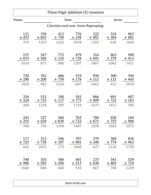 The Three-Digit Addition With Some Regrouping – 49 Questions (X) Math Worksheet Page 2
