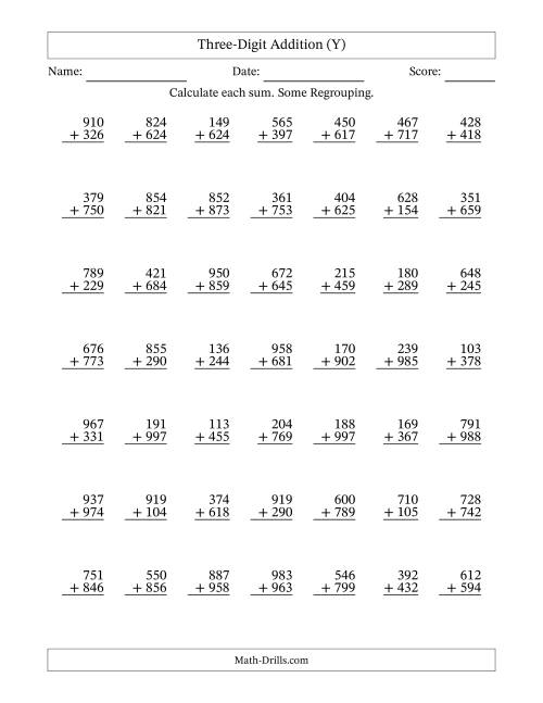 The Three-Digit Addition With Some Regrouping – 49 Questions (Y) Math Worksheet