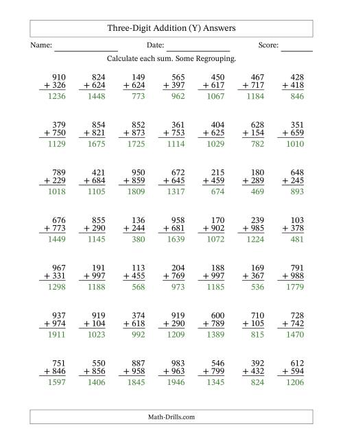 The Three-Digit Addition With Some Regrouping – 49 Questions (Y) Math Worksheet Page 2